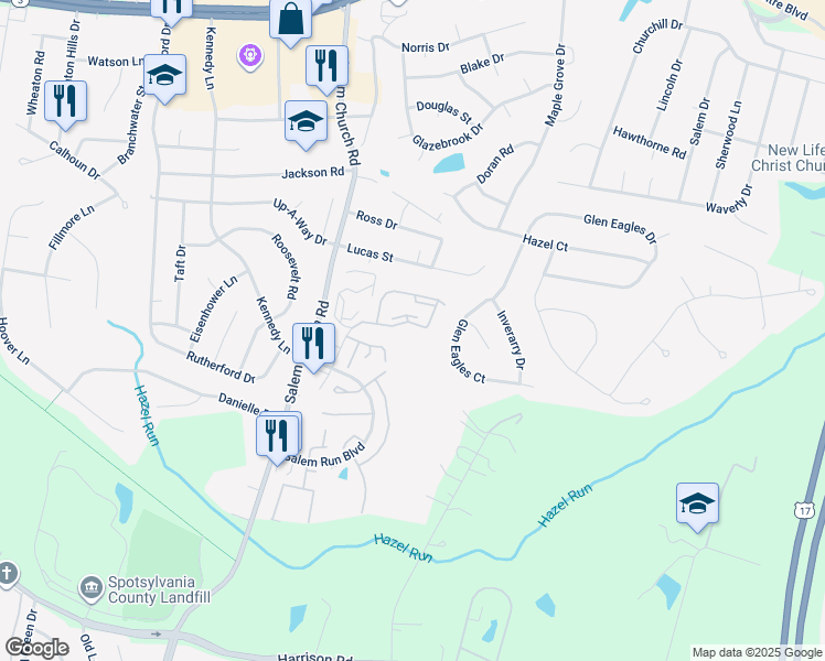 map of restaurants, bars, coffee shops, grocery stores, and more near 5712 Castlebridge Road in Fredericksburg