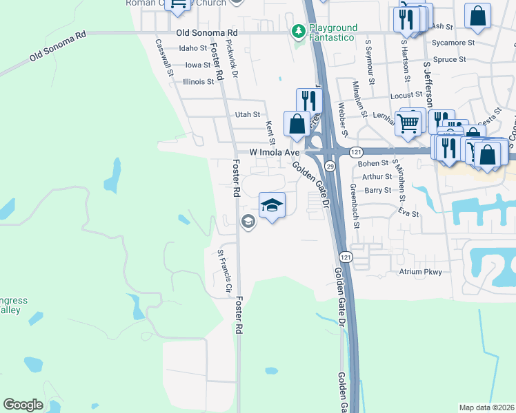 map of restaurants, bars, coffee shops, grocery stores, and more near 118 Golden Gate Circle in Napa