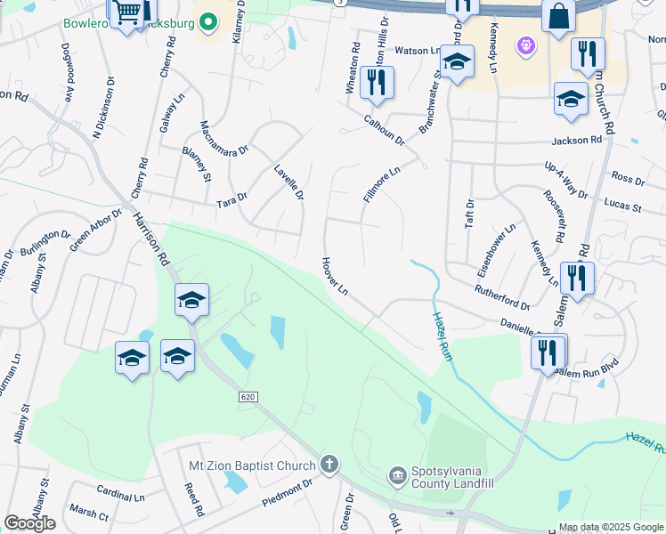 map of restaurants, bars, coffee shops, grocery stores, and more near 11717 Hoover Lane in Fredericksburg