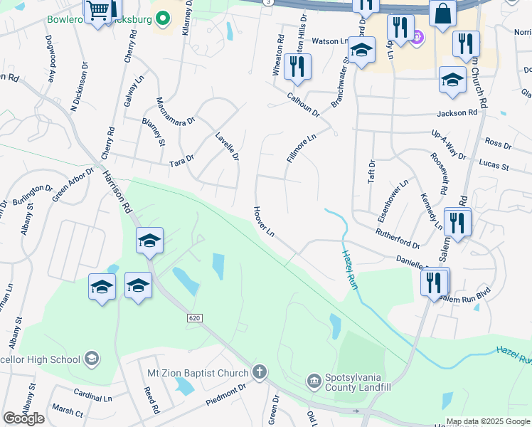 map of restaurants, bars, coffee shops, grocery stores, and more near 11717 Hoover Lane in Fredericksburg