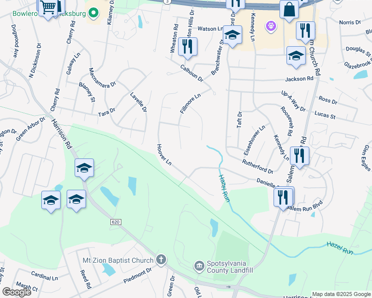 map of restaurants, bars, coffee shops, grocery stores, and more near 11701 Fillmore Lane in Fredericksburg