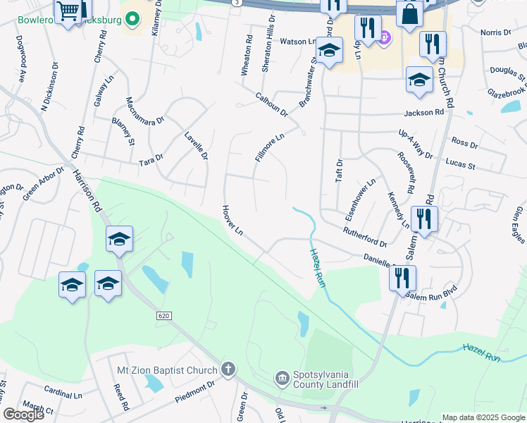 map of restaurants, bars, coffee shops, grocery stores, and more near 11701 Fillmore Lane in Fredericksburg