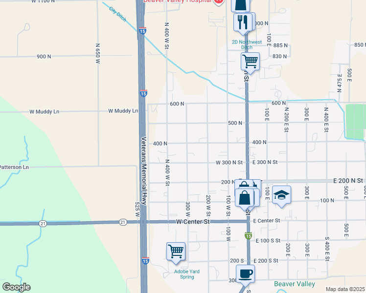 map of restaurants, bars, coffee shops, grocery stores, and more near 395 North 300 West Street in Beaver