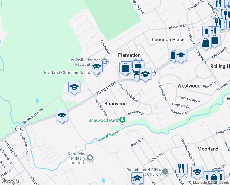 map of restaurants, bars, coffee shops, grocery stores, and more near 2107 Redleaf Drive in Louisville