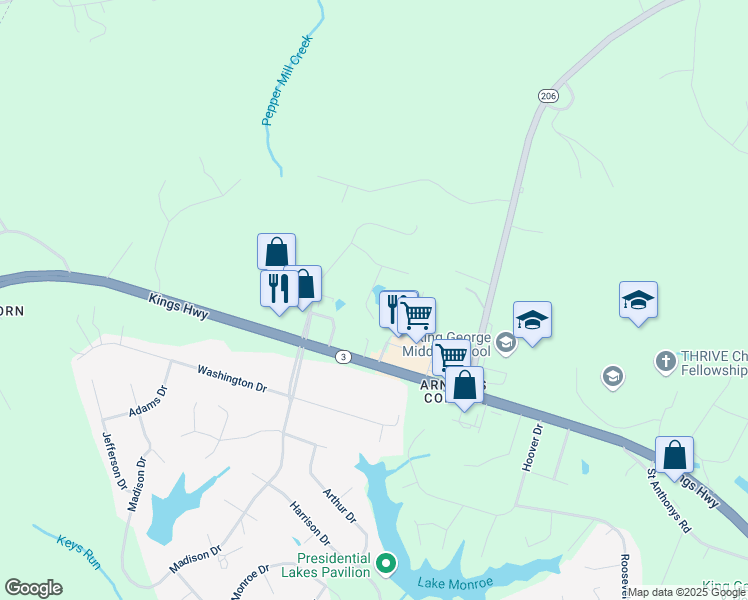 map of restaurants, bars, coffee shops, grocery stores, and more near 9643 Mary TS Court in King George