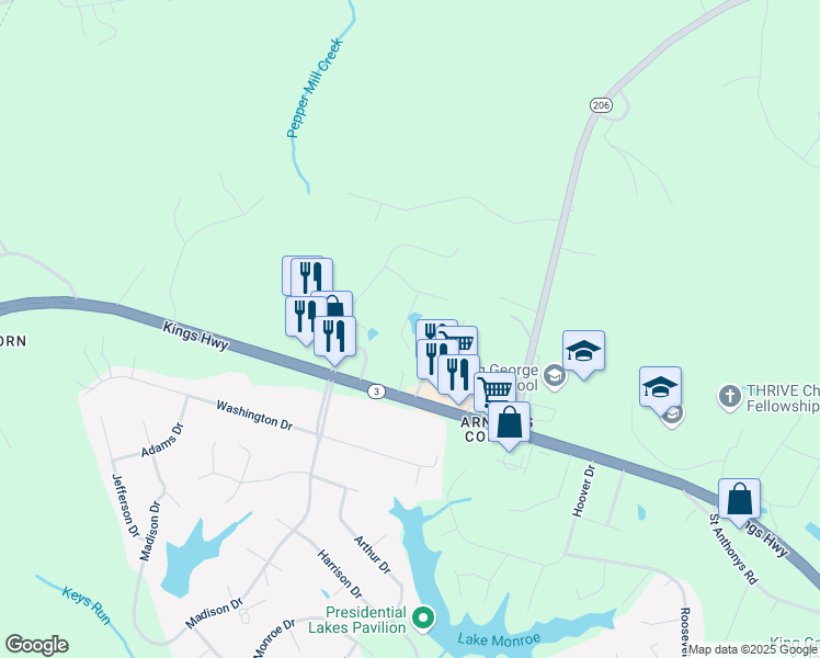 map of restaurants, bars, coffee shops, grocery stores, and more near 9643 Mary TS Court in King George