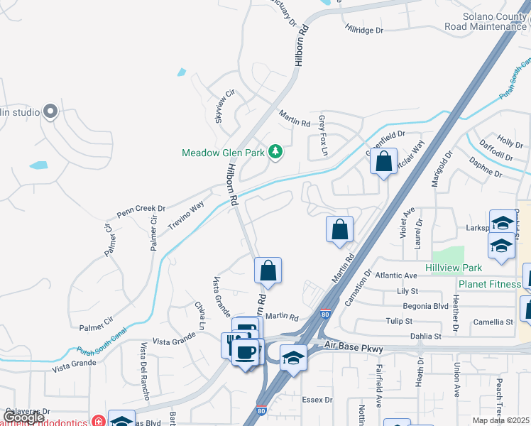 map of restaurants, bars, coffee shops, grocery stores, and more near 2550 Hilborn Road in Fairfield