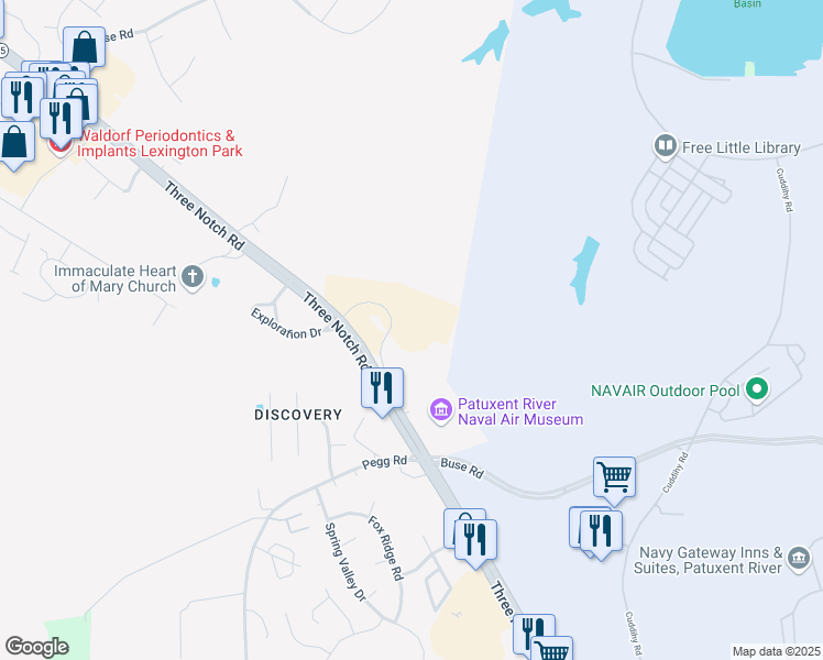 map of restaurants, bars, coffee shops, grocery stores, and more near 46579 Expedition Drive in Lexington Park