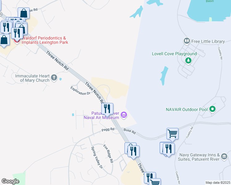 map of restaurants, bars, coffee shops, grocery stores, and more near 46579 Expedition Drive in Lexington Park