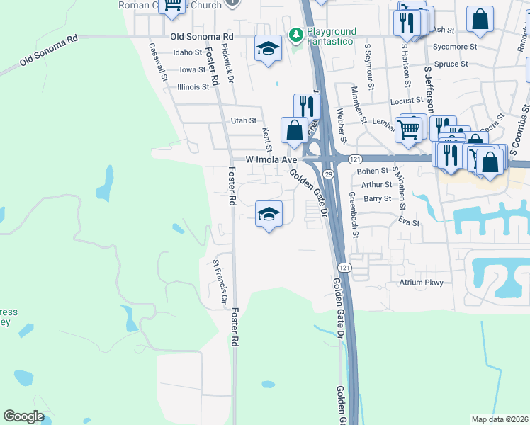 map of restaurants, bars, coffee shops, grocery stores, and more near 50 Village Parkway in Napa