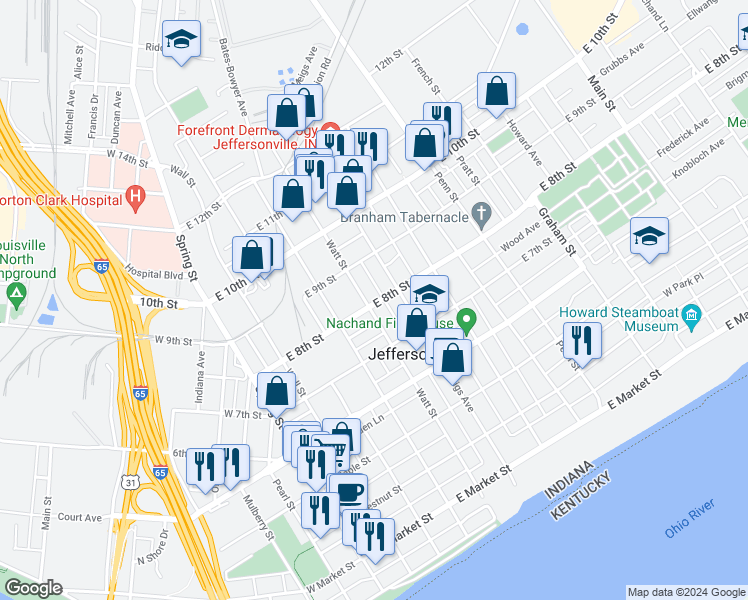 map of restaurants, bars, coffee shops, grocery stores, and more near 815 Meigs Avenue in Jeffersonville