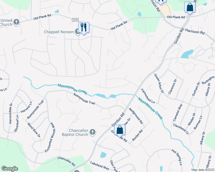 map of restaurants, bars, coffee shops, grocery stores, and more near 11701 Geranium Street in Fredericksburg
