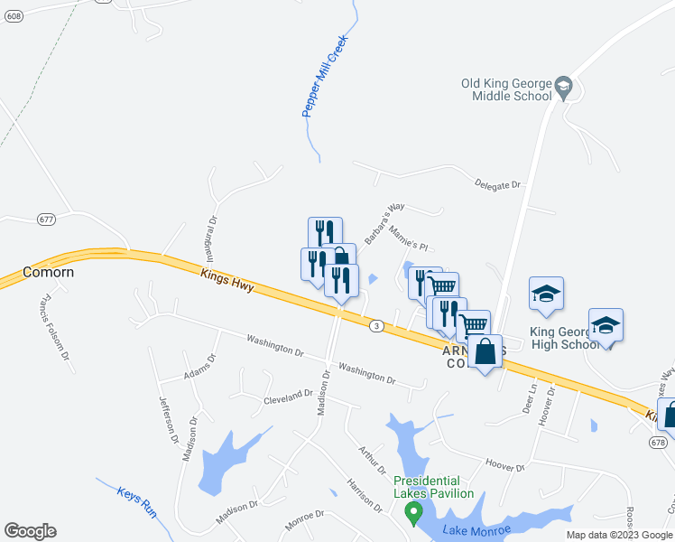 map of restaurants, bars, coffee shops, grocery stores, and more near 7851 Dolleys Court in King George