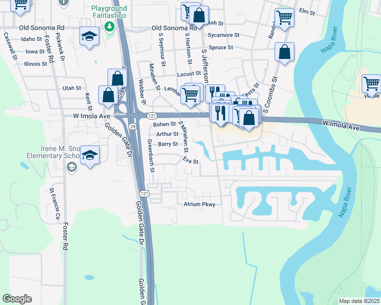map of restaurants, bars, coffee shops, grocery stores, and more near 550 South Minahen Street in Napa