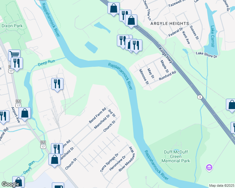 map of restaurants, bars, coffee shops, grocery stores, and more near 329 4th Street in Fredericksburg