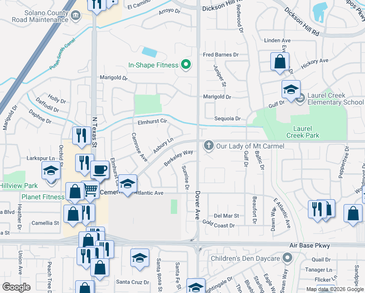 map of restaurants, bars, coffee shops, grocery stores, and more near 627 Asbury Lane in Fairfield