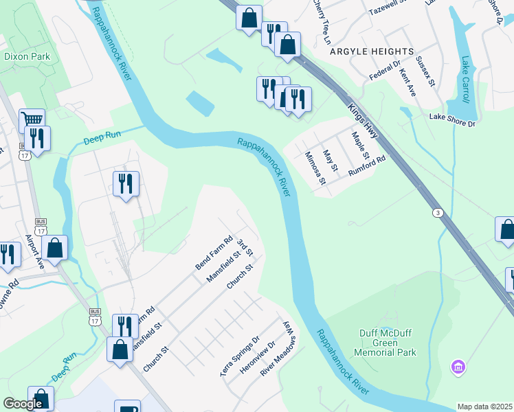 map of restaurants, bars, coffee shops, grocery stores, and more near 329 4th Street in Fredericksburg
