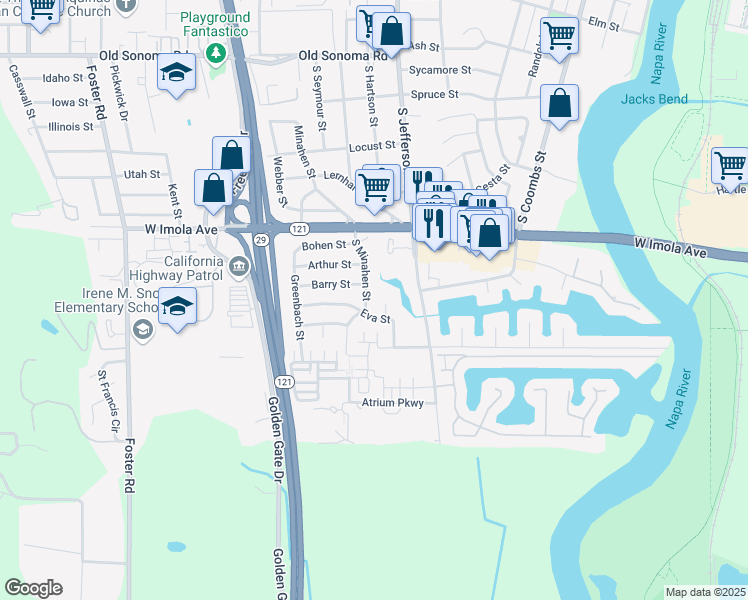 map of restaurants, bars, coffee shops, grocery stores, and more near 550 South Minahen Street in Napa