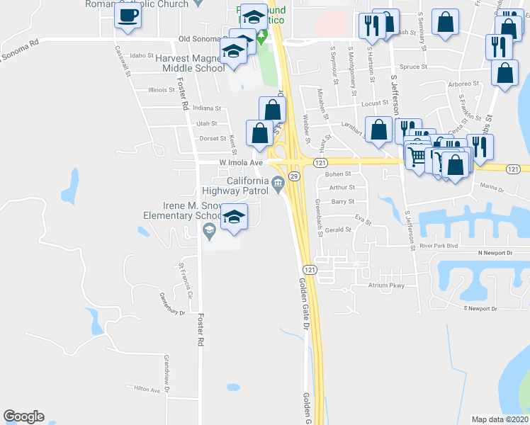 map of restaurants, bars, coffee shops, grocery stores, and more near 51 Golden Gate Circle in Napa
