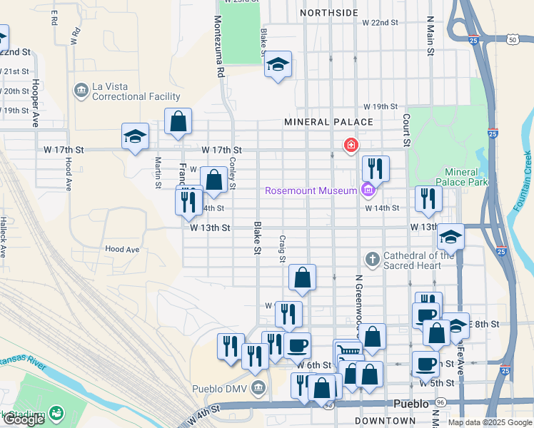 map of restaurants, bars, coffee shops, grocery stores, and more near 825 W 14th St in Pueblo