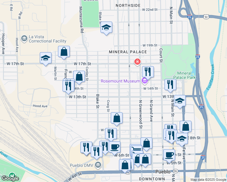 map of restaurants, bars, coffee shops, grocery stores, and more near 714 West 14th Street in Pueblo