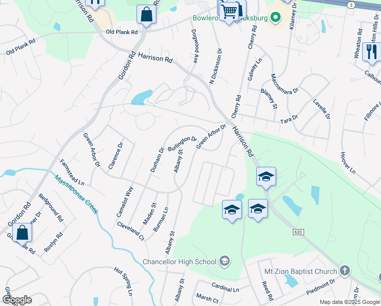 map of restaurants, bars, coffee shops, grocery stores, and more near 207 Green Arbor Drive in Fredericksburg