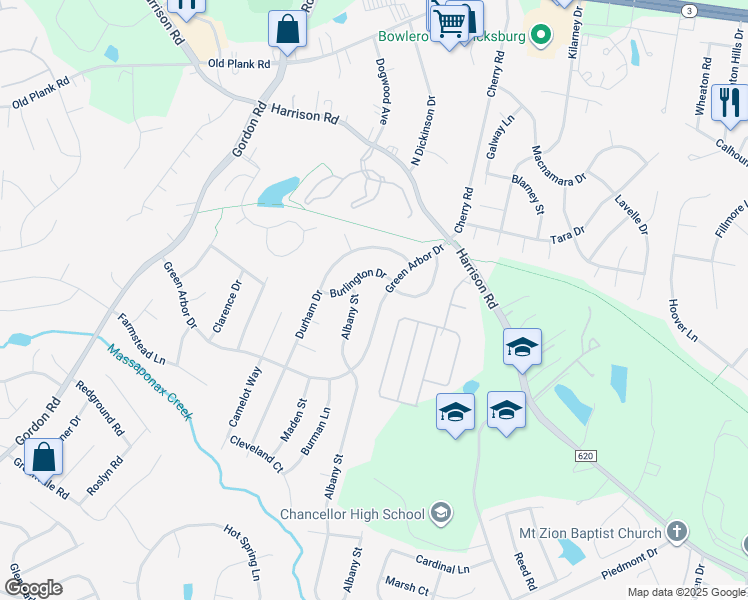 map of restaurants, bars, coffee shops, grocery stores, and more near 207 Green Arbor Drive in Fredericksburg