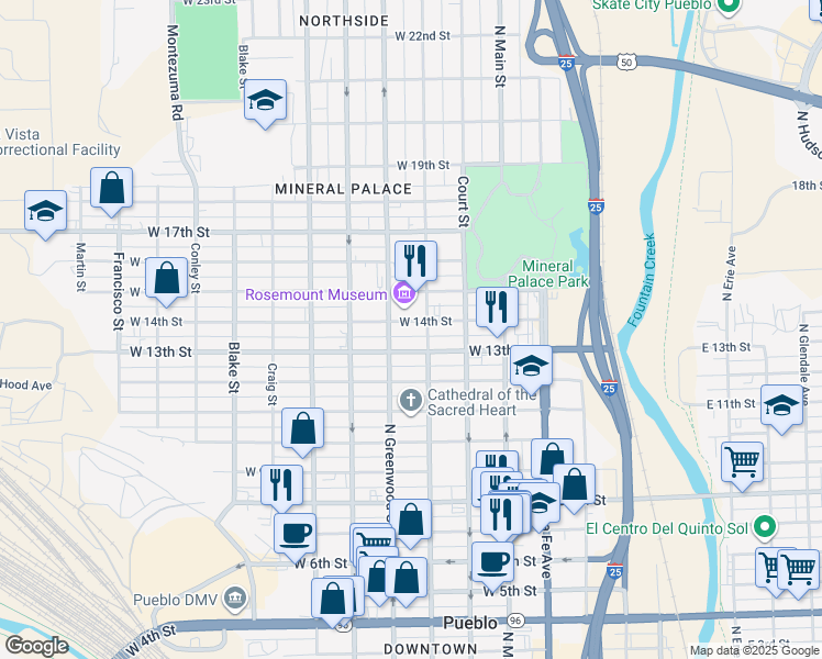 map of restaurants, bars, coffee shops, grocery stores, and more near 419 West 14th Street in Pueblo