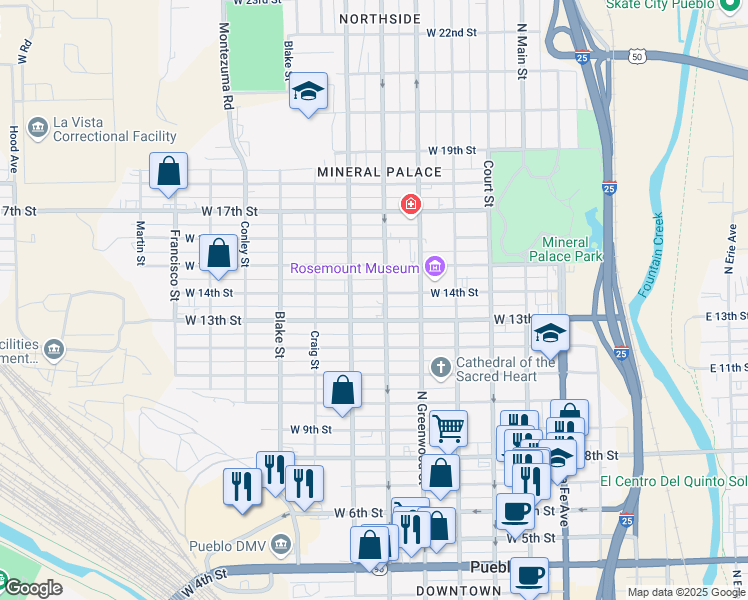 map of restaurants, bars, coffee shops, grocery stores, and more near 625 West 14th Street in Pueblo