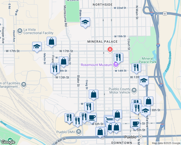 map of restaurants, bars, coffee shops, grocery stores, and more near 723 West 14th Street in Pueblo