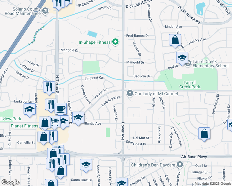 map of restaurants, bars, coffee shops, grocery stores, and more near 627 Asbury Lane in Fairfield