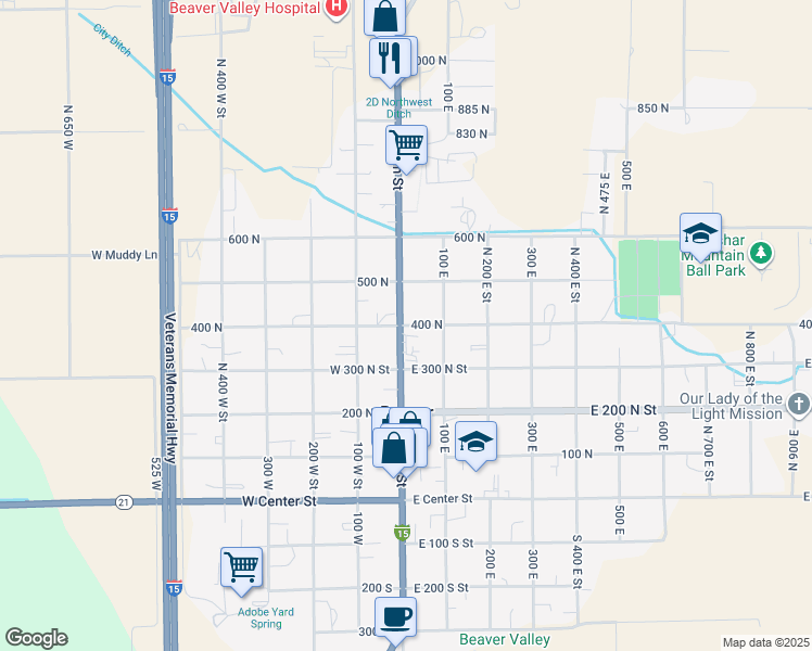 map of restaurants, bars, coffee shops, grocery stores, and more near 25 East 400 North Street in Beaver