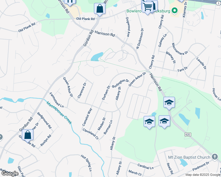 map of restaurants, bars, coffee shops, grocery stores, and more near 222 Burlington Drive in Fredericksburg