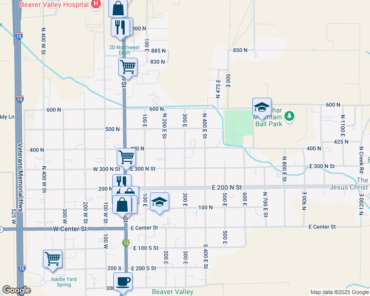 map of restaurants, bars, coffee shops, grocery stores, and more near 400 North 300 East Street in Beaver