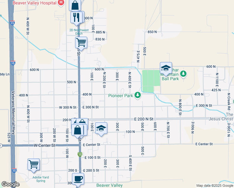 map of restaurants, bars, coffee shops, grocery stores, and more near 400 North 300 East Street in Beaver