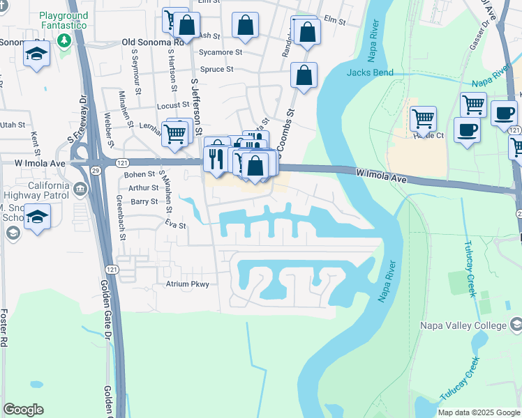 map of restaurants, bars, coffee shops, grocery stores, and more near 671 Cabot Way in Napa