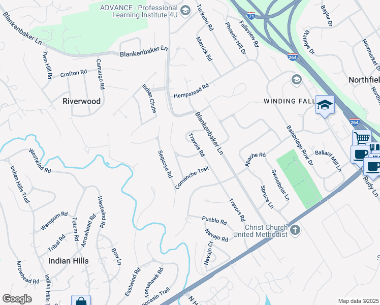 map of restaurants, bars, coffee shops, grocery stores, and more near 205 Choctaw Road in Louisville