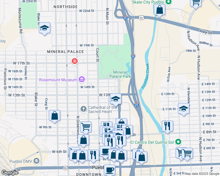 map of restaurants, bars, coffee shops, grocery stores, and more near 1320 North Main Street in Pueblo