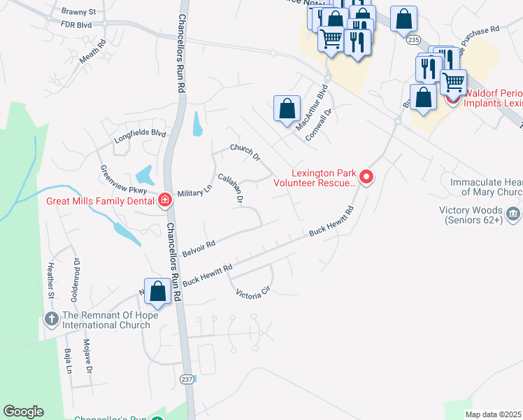 map of restaurants, bars, coffee shops, grocery stores, and more near 45834 Filmore Drive in Great Mills