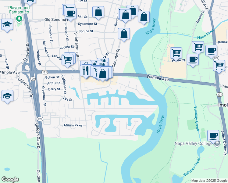 map of restaurants, bars, coffee shops, grocery stores, and more near 633 Cabot Court in Napa