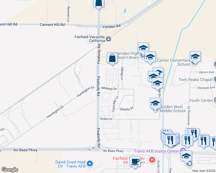 map of restaurants, bars, coffee shops, grocery stores, and more near 3001 Puffin Circle in Fairfield