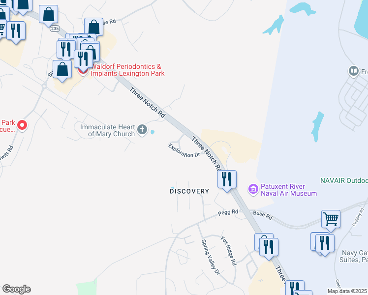 map of restaurants, bars, coffee shops, grocery stores, and more near 22300 Exploration Drive in Lexington Park