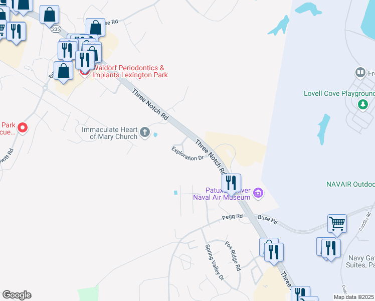 map of restaurants, bars, coffee shops, grocery stores, and more near 22300 Exploration Drive in Lexington Park