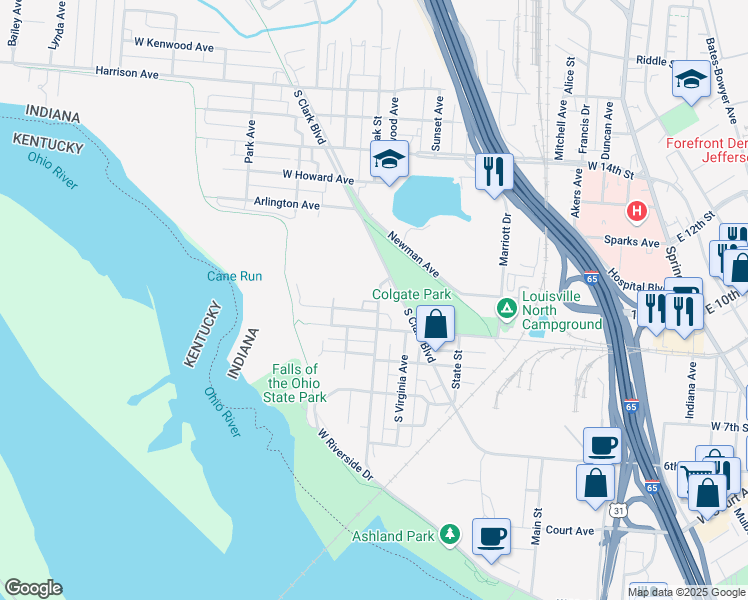 map of restaurants, bars, coffee shops, grocery stores, and more near 805 South Sherwood Avenue in Clarksville