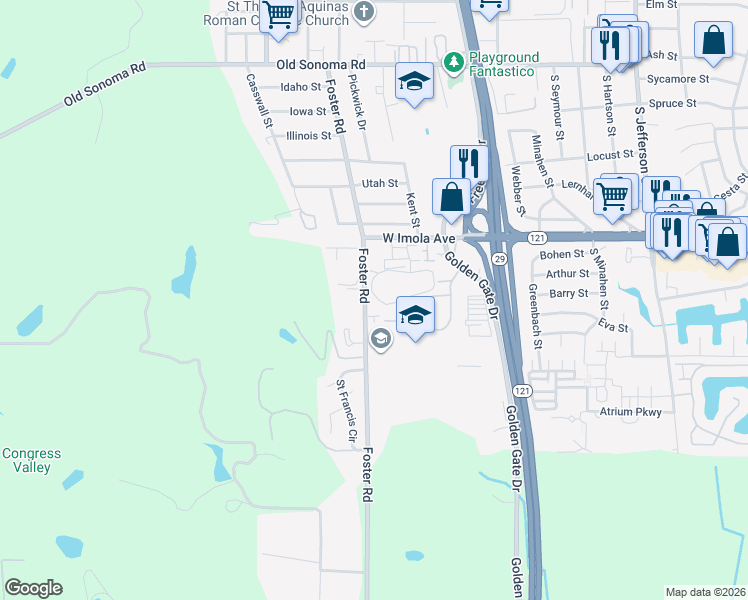 map of restaurants, bars, coffee shops, grocery stores, and more near 12 Village Parkway in Napa