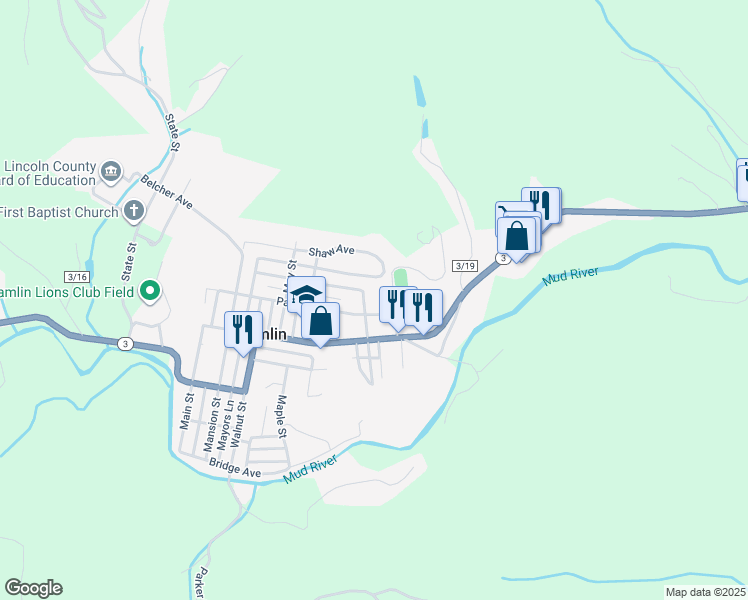 map of restaurants, bars, coffee shops, grocery stores, and more near 8182 Baker St in Hamlin
