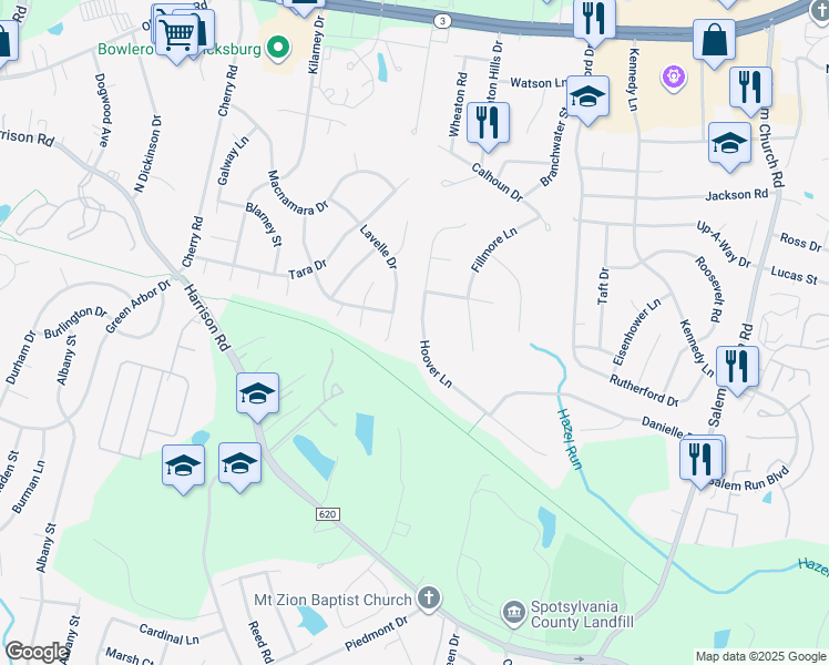 map of restaurants, bars, coffee shops, grocery stores, and more near 11722 Hoover Lane in Fredericksburg