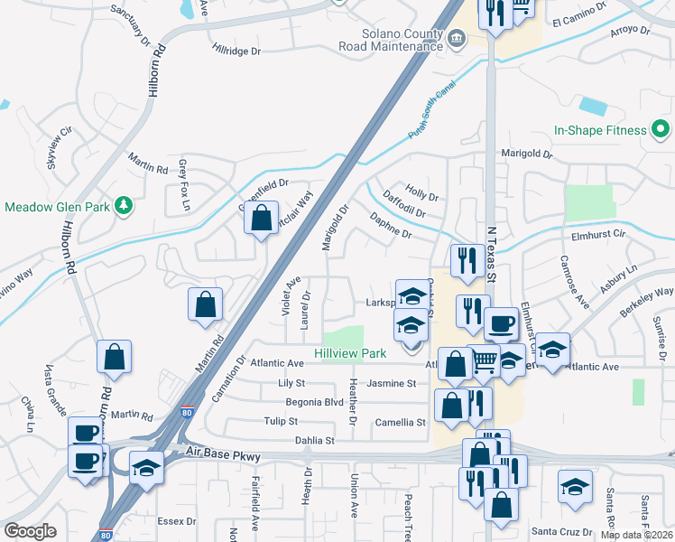map of restaurants, bars, coffee shops, grocery stores, and more near 398 Honeysuckle Drive in Fairfield