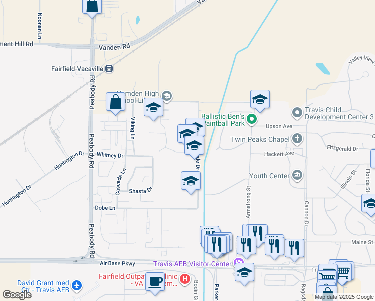 map of restaurants, bars, coffee shops, grocery stores, and more near 2775 De Ronde Drive in Fairfield