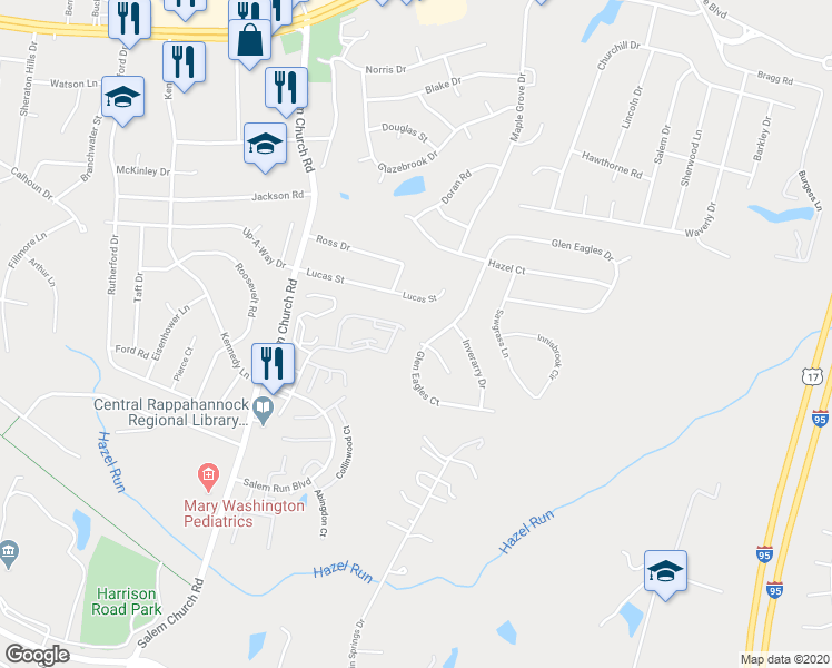 map of restaurants, bars, coffee shops, grocery stores, and more near 11603 Spyglass Road in Fredericksburg